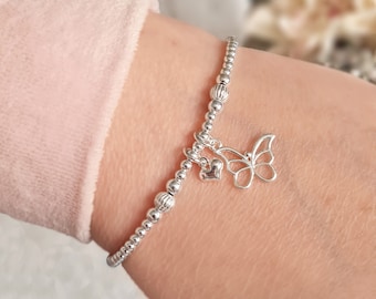 Butterfly Sterling Silver Bracelet, Can be Personalised, Bead Stacking Bracelet, Birthday Gift for Her