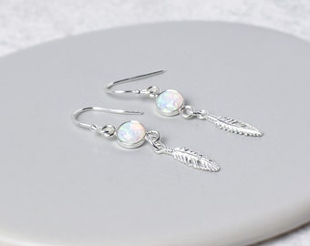 Opal & Feather Earrings, Sterling Silver Gift for Her, Drop Earrings