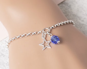 Silver Star and Birthstone Bracelet, Sterling Silver Custom Birth Stone Jewellery