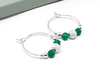Green Onyx Hoop Earrings, Sterling Silver or 14ct Gold Fill, May Birthstone Gift for Her