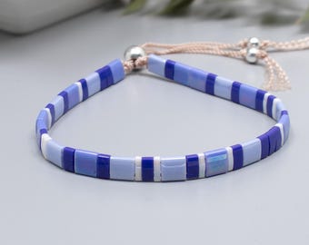 Denim Blue Tile Bracelet, Sterling Silver Adjustable Silk Tila Bead Bracelet for Women