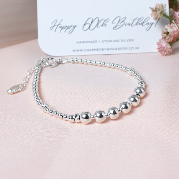 60th Birthday Bracelet, Sterling Silver 60 Gift for Her, Optional Birthstone, Womens Sixty Bead Bracelet