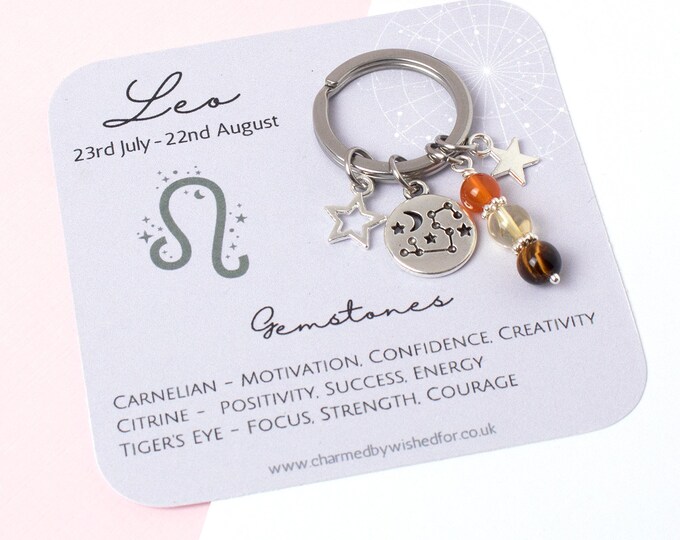 Leo Zodiac Keyring, Gemstone Gift for Leo, Star Sign Key Chain