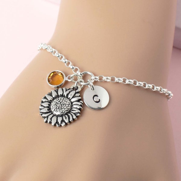 Sunflower Bracelet, Sterling Silver Sun Flower Personalised Charm Bracelet, Spiritual Positivity Gift