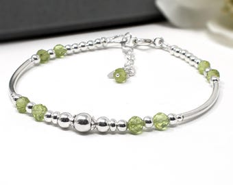 Peridot Bracelet, August Birthstone Sterling Silver Jewellery, Natural Gemstone Gift for Her