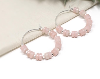 Pink Opal Hoop Earrings: Sterling Silver, October Birthstone