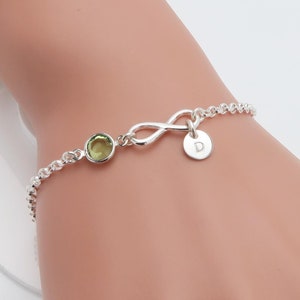 Personalised Infinity Bracelet, birthstone crystal, initial, gift for her, bridesmaids gift