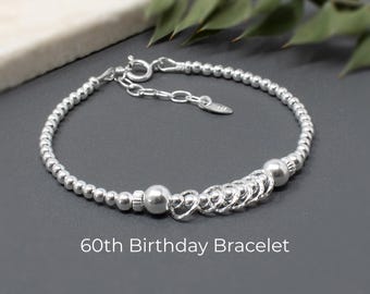 60th Birthday Rings Bracelet, Sterling Silver 60 Gift for Her, Womens Sixty Beaded Bracelet