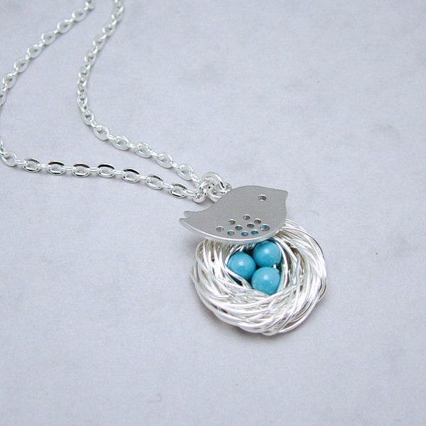 Silver Bird Nest Necklace with Turquoise Pearls