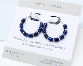 Lapis Lazuli Hoop Earrings: Sterling Silver, September Birthstone