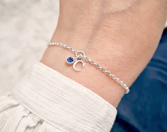 Dainty Initial & Birthstone Bracelet | CHLOE | Sterling Silver, Personalised Charm Bracelet, Birthstone Gift for Her