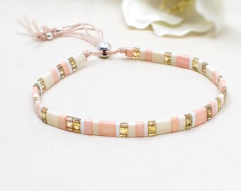 Blush Pink Tila Bracelet, Sterling Silver Adjustable Silk Tile Beaded Bracelet for Women