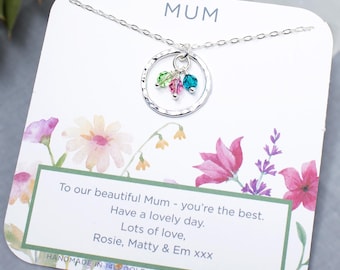 Sterling Silver Family Birthstone Circle Necklace, Personalised Gift for Mum, Grandma