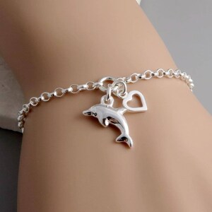 Dolphin Bracelet, Sterling Silver Dolphin and Heart Bracelet for Women