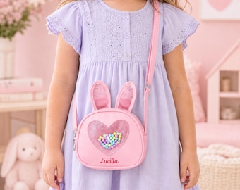 Personalized Bunny Shaker Bag, Custom Name Toddler Girl Crossbody Purse, Cute Heart Beads Kids Birthday Gift, First Day of School Bag