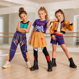 Peut inclure: Trois tenues composées d'un haut court zippé bleu sarcelle et noir avec un pantalon de jogging violet et orange, un haut court violet avec une jupe et des leggings jaunes, et une veste bomber jaune avec un haut blanc et un short violet.