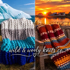 May include: Two chunky knit blankets. The left blanket features horizontal stripes of white, gray, and blue. The right blanket has horizontal stripes of red, yellow, and blue. The text "wild & wooly knits co" is centered across the image.