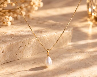 Collar de perlas en forma de gota, colgante de perlas en forma de lágrima, delicado collar de perlas, collar minimalista, elegante joyería nupcial, regalo para ella.