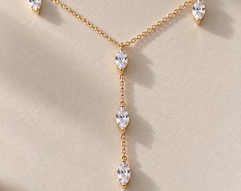 Collar en Y con piedra marquesa, delicado lariat en tono dorado, opciones de longitud de 12 a 22 pulgadas.