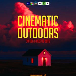 Peut inclure: Un graphique numérique présentant le texte CINEMATIC OUTDOORS 30 LOG & REC709 LUTS au-dessus d'une petite maison blanche éclairée par une lumière rouge sous un ciel sombre avec des nuages rouges. Des icônes de logiciels de montage sont en haut.