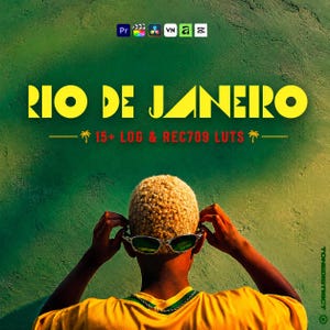 Peut inclure: Un graphique numérique avec le texte jaune RIO DE JANEIRO et 15+ LOG & REC709 LUTS avec des icônes de palmiers. Au-dessus figurent les logos des logiciels Pr, Final Cut, DaVinci, VN, Alight Motion et CapCut. Une personne blonde porte des lunettes.