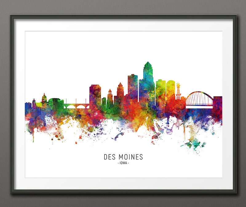 Des Moines Skyline Des Moines Iowa Cityscape Art Print Poster Etsy