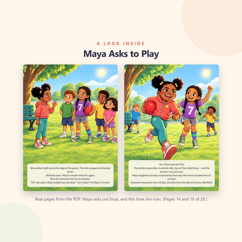 Maya Asks to Play - Brave Like Me Printable Picture Book - Shy Kid Making Friends Story - 20 Page PDF Instant Download image 3