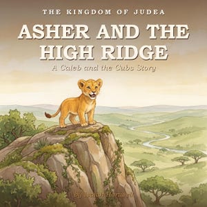 May include: A book cover titled The Kingdom of Judea: Asher and the High Ridge, A Caleb and the Cubs Story by Isaiah Hartwell. The illustration features a golden lion cub standing on a rocky cliff overlooking a green valley with a winding river.