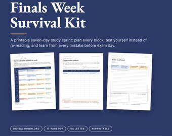 Kit de supervivencia para la semana de exámenes finales, planificador de estudio universitario imprimible, calendario de estudio de 7 días para exámenes, planificador intensivo, hojas de trabajo de estudio, descarga en PDF