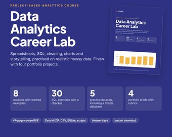 Data Analytics Course PDF with SQL Exercises, Messy Practice Datasets, Answer Keys and 4 Portfolio Projects, Beginner Analyst Training