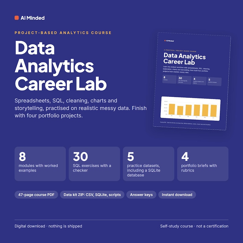 Data Analytics Course PDF with SQL Exercises, Messy Practice Datasets, Answer Keys and 4 Portfolio Projects, Beginner Analyst Training image 1
