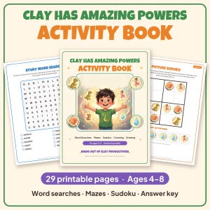 Libro de actividades imprimible "La arcilla tiene poderes asombrosos" para niños de 4 a 8 años: búsqueda de palabras, laberintos, sudoku con imágenes, rompecabezas de historias (PDF). imagen 1