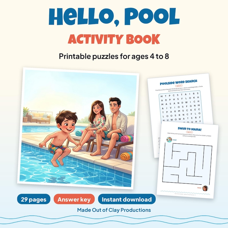 Livro de atividades imprimível "Olá Piscina" para crianças de 4 a 8 anos, incluindo caça-palavras, labirintos, sudoku ilustrado e quebra-cabeças com tema de natação no verão (PDF). imagem 1