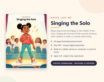 Puede incluir: Una descarga digital del libro ilustrado de 20 páginas titulado Brave Like Me: Singing the Solo de Isaiah Hartwell. La portada muestra a un niño pequeño cantando en un escenario frente a un coro, vistiendo una sudadera rosa y pantalones de color verde azulado.