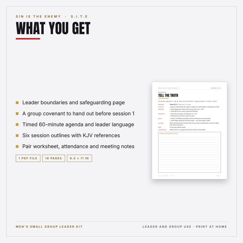 Mens Small Group Leader Kit Printable | Christian Accountability Group Covenant, 60 Minute Agenda, 6 Bible Session Outlines | PDF image 2