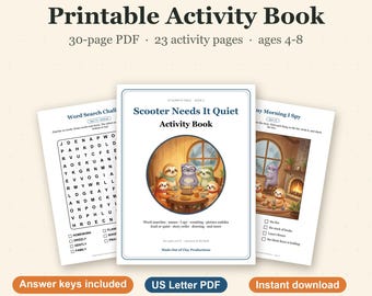 Scooter Needs It Quiet Activity Book, Printable Kids Puzzles Ages 4-8, Word Search, Mazes, Picture Sudoku, Rainy Day Activity PDF