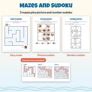 Livro de atividades imprimível "Olá Piscina" para crianças de 4 a 8 anos, incluindo caça-palavras, labirintos, sudoku ilustrado e quebra-cabeças com tema de natação no verão (PDF). imagem 3