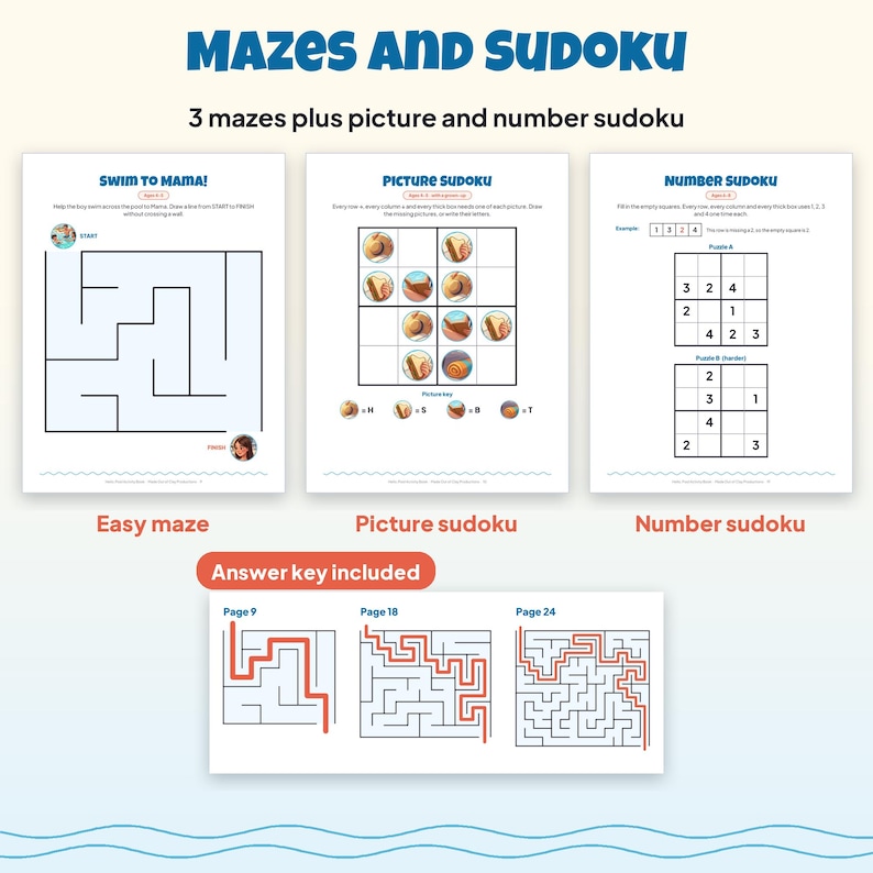 Livro de atividades imprimível "Olá Piscina" para crianças de 4 a 8 anos, incluindo caça-palavras, labirintos, sudoku ilustrado e quebra-cabeças com tema de natação no verão (PDF). imagem 3