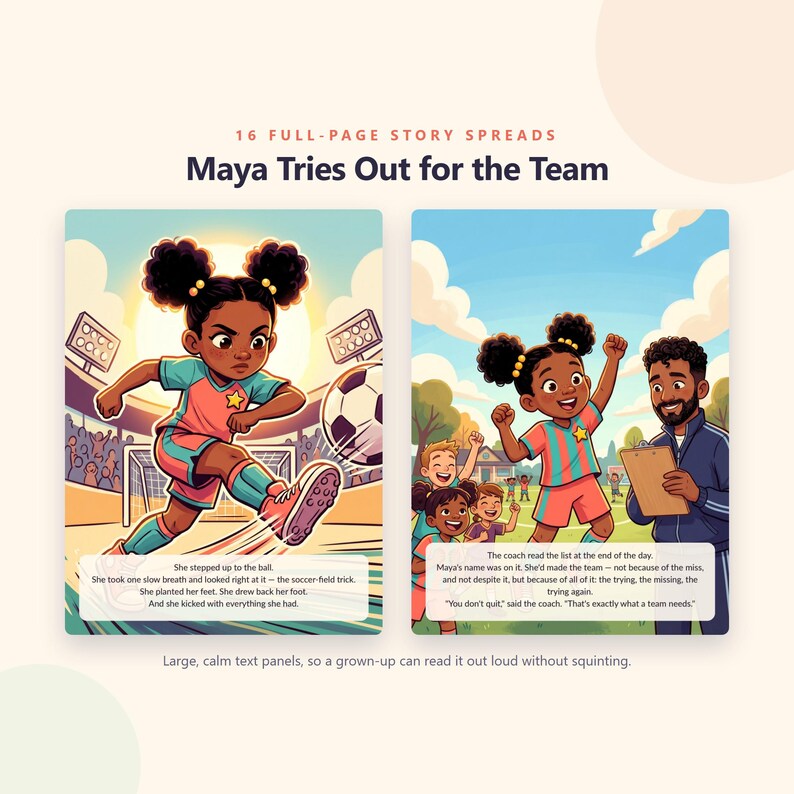 Maya versucht, ins Team zu kommen – Mutig wie ich (Bilderbuch zum Ausdrucken) – Fußball-Probetraining-Geschichte für Kinder – 20-seitiges PDF zum sofortigen Download Bild 3