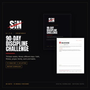 Könnte beinhalten: Ein druckbares 111-seitiges PDF für eine 90-Tage-Disziplin-Challenge im US-Letter-Format. Das Design zeigt einen schwarzen Hintergrund mit weißem Text, einschließlich des Titels SIN IS THE ENEMY und einer roten Schrägstrich-Grafik.
