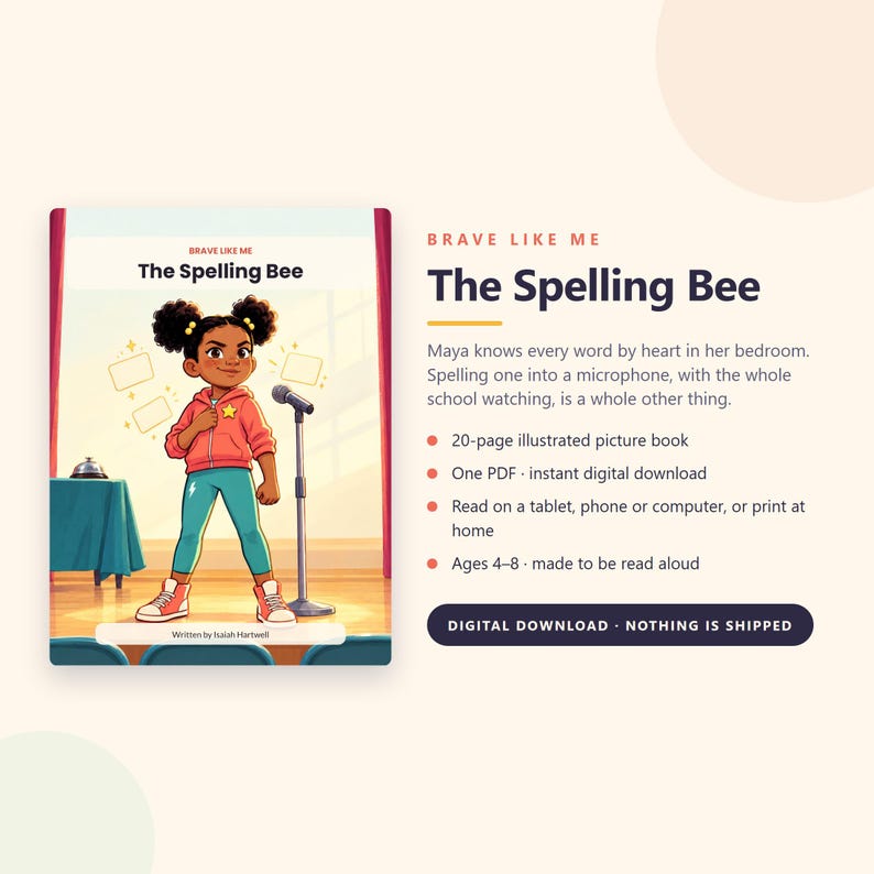 The Spelling Bee - Brave Like Me Printable Picture Book - Stage Fright Story for Kids - 20 Page PDF Instant Download image 1