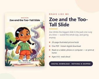 Może przedstawiać: Cyfrowa książka obrazkowa zatytułowana Zoe and the Too-Tall Slide autorstwa Isaiah Hartwella. Okładka przedstawia postać z kreskówki z ciemnymi warkoczami, w zielonej koszulce z dinozaurem i pomarańczowych szortach przed wysoką, spiralną zjeżdżalnią.