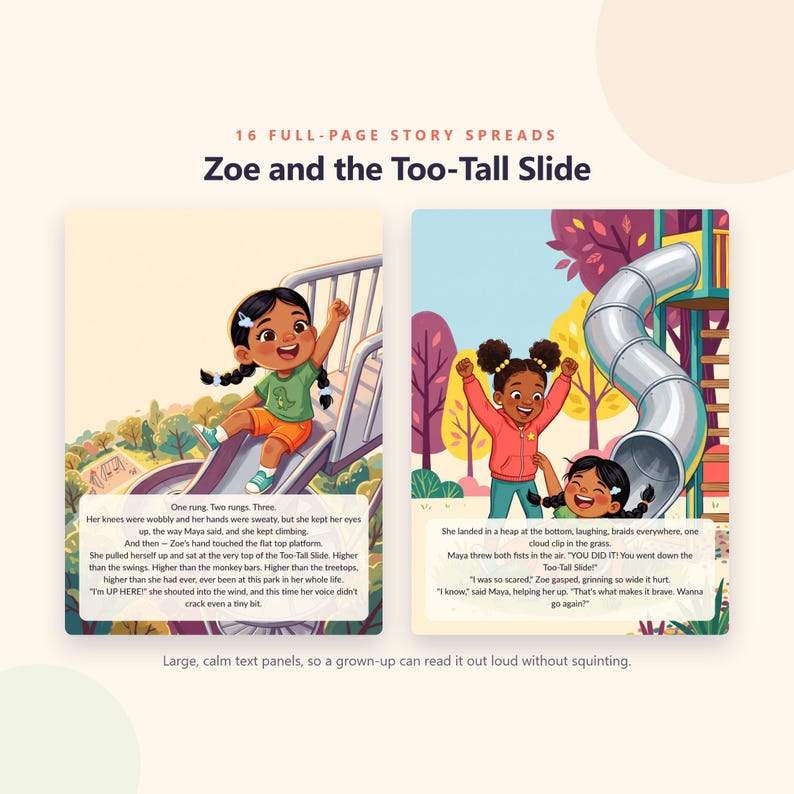 Zoe y el tobogán demasiado alto - Valiente como yo - Libro ilustrado imprimible - Historia de valentía en el patio de recreo para niños - PDF de 20 páginas para descarga instantánea imagen 3