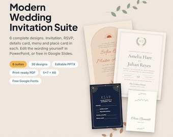 Modern Wedding Invitation Suite Template, 6 Editable Designs, Invitation RSVP Details Menu Place Card, PowerPoint Google Slides, 5x7 A6