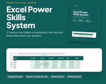 Excel Course PDF with Practice Workbook and Answer Key, XLOOKUP SUMIFS PivotTables Dashboard Lessons, Excel Formulas Training, Digital