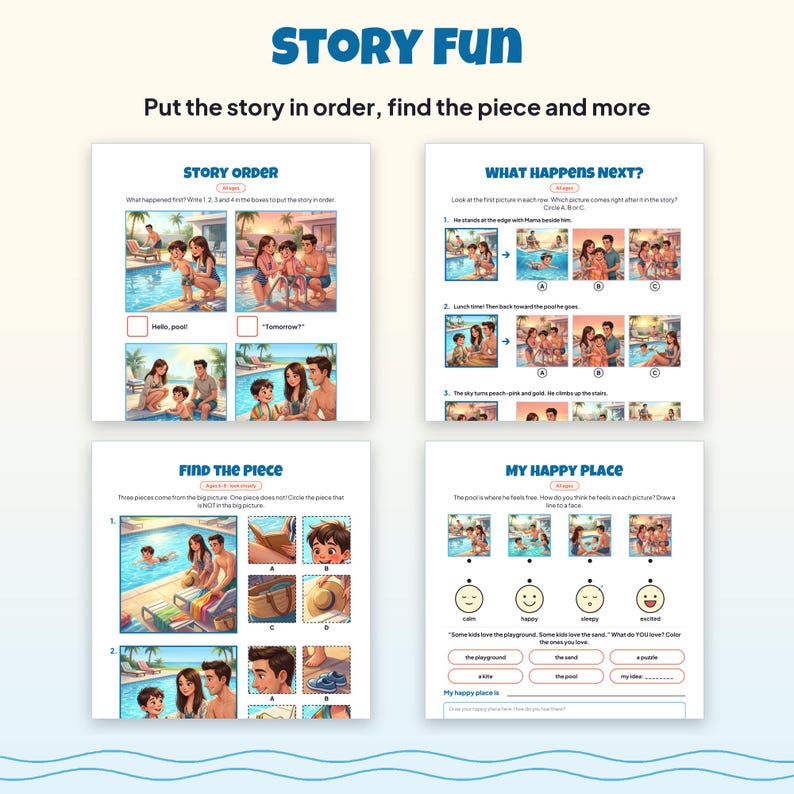Livro de atividades imprimível "Olá Piscina" para crianças de 4 a 8 anos, incluindo caça-palavras, labirintos, sudoku ilustrado e quebra-cabeças com tema de natação no verão (PDF). imagem 4