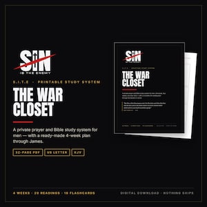 War Closet Bible Study System for Men, Printable KJV Scripture Study PDF, 4 Week Study of James, Prayer Pages and Flashcards image 1