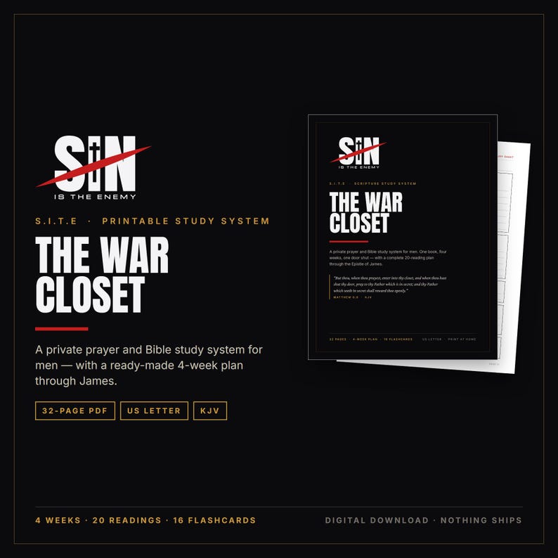 War Closet Bible Study System for Men, Printable KJV Scripture Study PDF, 4 Week Study of James, Prayer Pages and Flashcards image 1