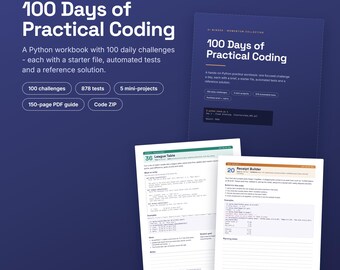 100 días de programación práctica, cuaderno de ejercicios de Python, 100 desafíos diarios de programación con pruebas y soluciones, PDF imprimible y archivo ZIP con el código.