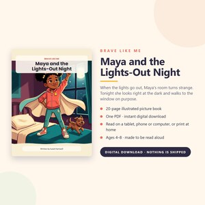 May include: A digital illustrated picture book titled Maya and the Lights-Out Night by Isaiah Hartwell. The cover features a child in a superhero cape and a small dog standing on a bed in a bedroom at night with a window showing a full moon.